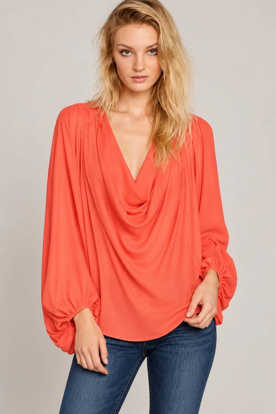 Free People Cowling Arownd Draped Long Sleeve Top Coral